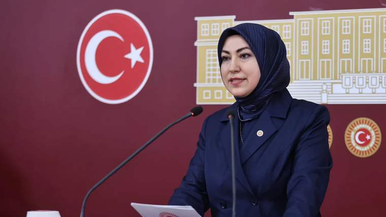 Mavi ceket giymiş bir kadın, mikrofonun önünde konuşuyor; arka planda Türkiye bayrağı ve meclis simgeleri var.