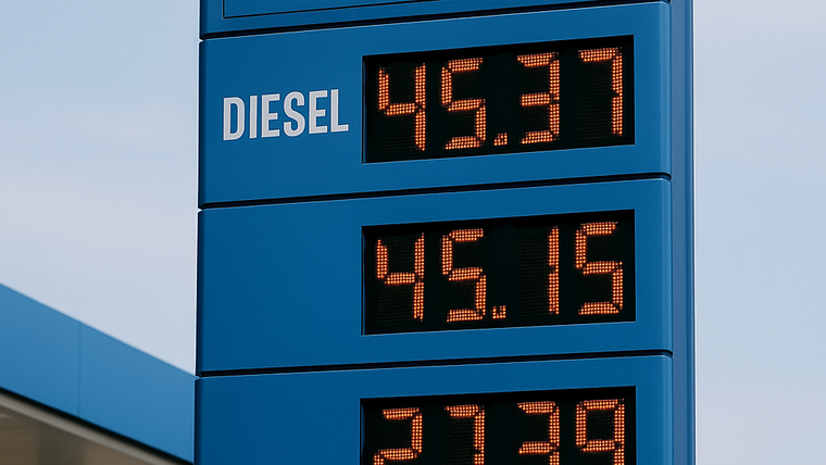 Akaryakıt istasyonundaki mavi fiyat panosunda DIESEL yazısı ve üç farklı litre fiyatı görülüyor.