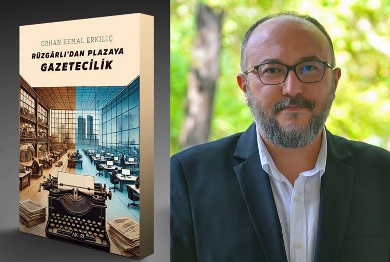 Yan yana duran kitap kapağında “Rüzgârlı’dan Plazaya Gazetecilik” yazısı ve gözlüklü sakallı bir kişinin portresi görülüyor.