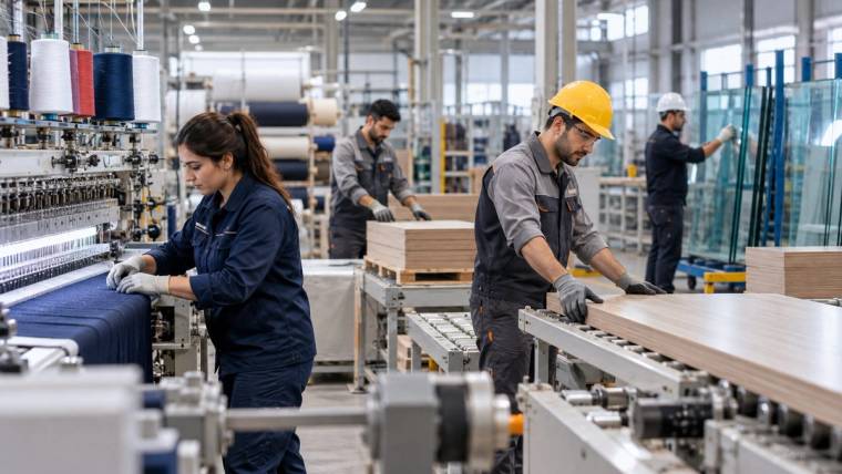 Fabrika üretim alanında çalışan işçiler, tekstil makineleri ve konveyörler arasında görev yapıyor.