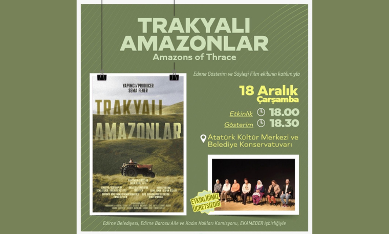 Yeşil zeminli afişte “Trakyalı Amazonlar” etkinliği, tarih ve saat bilgileriyle duyuruluyor.