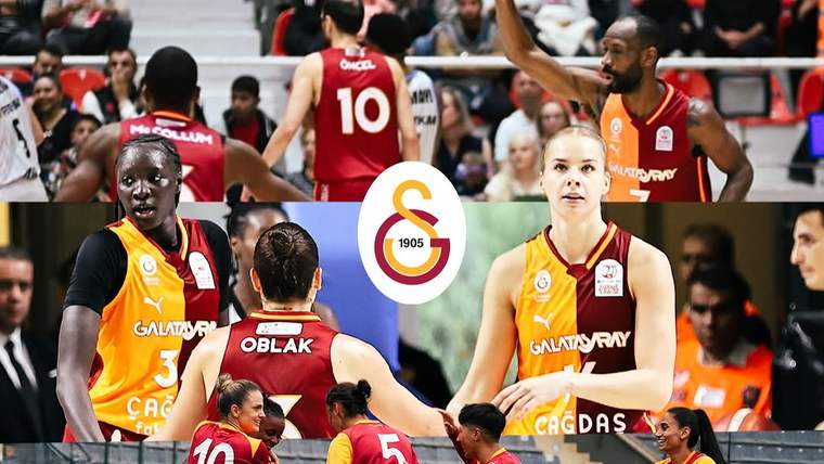 Galatasaray basketbol takımı oyuncuları, takım formalarıyla birlikte sahada yer alıyor.