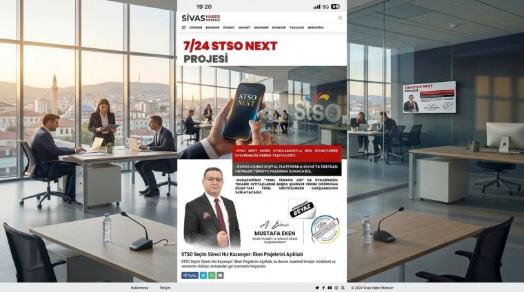 Ofis ortamlarının ortasında, STSO NEXT projesi duyurusunun yer aldığı bir telefon ekranı görülüyor.