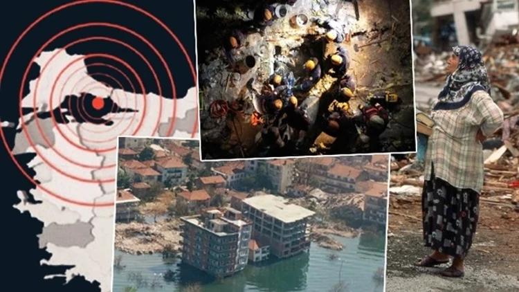 Kırmızı sismik halkalar, enkaz alanında insanlar, yıkıntılar arasında duran kadın ve su kenarındaki hasarlı binalar.