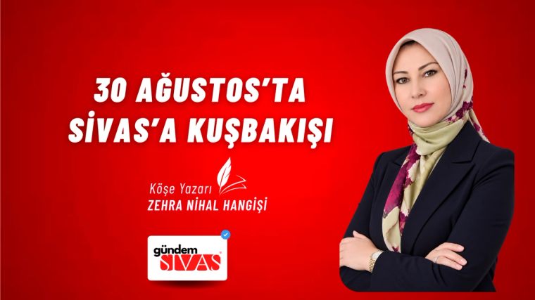 Kırmızı zemin üzerinde başörtülü bir kadın, yanında beyaz yazılar ve Gündem Sivas logosuyla yer alıyor.