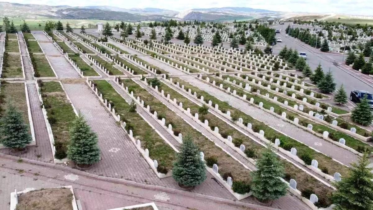 Geniş bir mezarlık alanı, mezar taşları ve ağaçlarla dolu, uzakta dağlar görünmekte.
