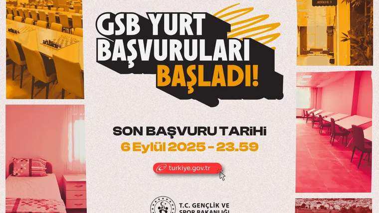 Yurt binaları, odaları ve ortak alanlardan oluşan kolajın ortasında başvuru duyurusu yer alıyor.