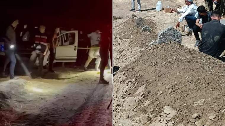 Bölünmüş görselin solunda gece bir aracın yanında insanlar, sağında toprak yığınları çevresinde oturan kişiler görülüyor.