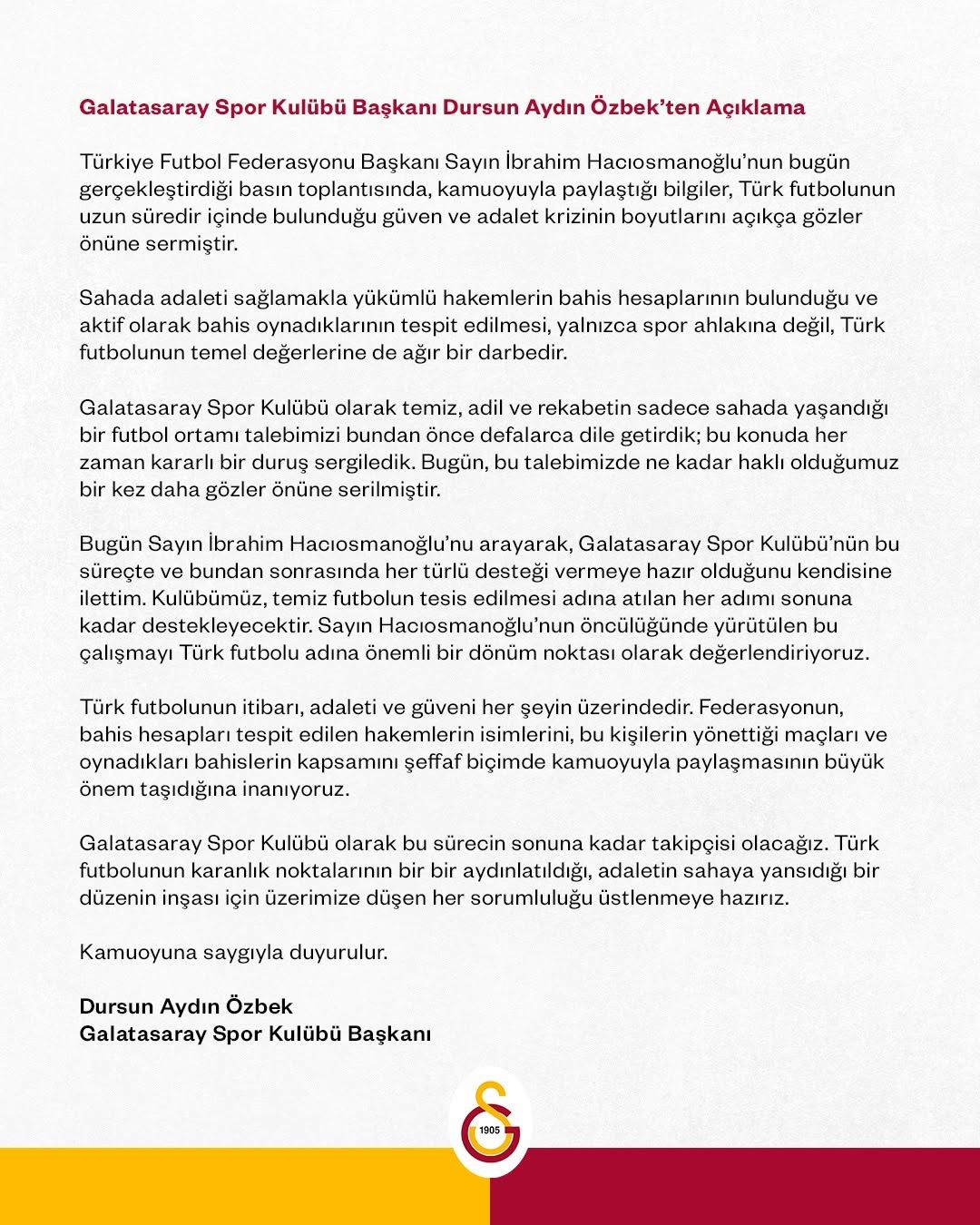 Galatasaray Başkanı Dursun Özbek'ten Kritik Açıklamalar