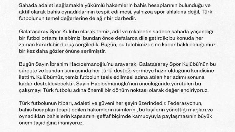Galatasaray Kulübü başkanının açıklama metni, altında kulüp logosu ve sarı-kırmızı şerit bulunan beyaz sayfada yer alıyor.
