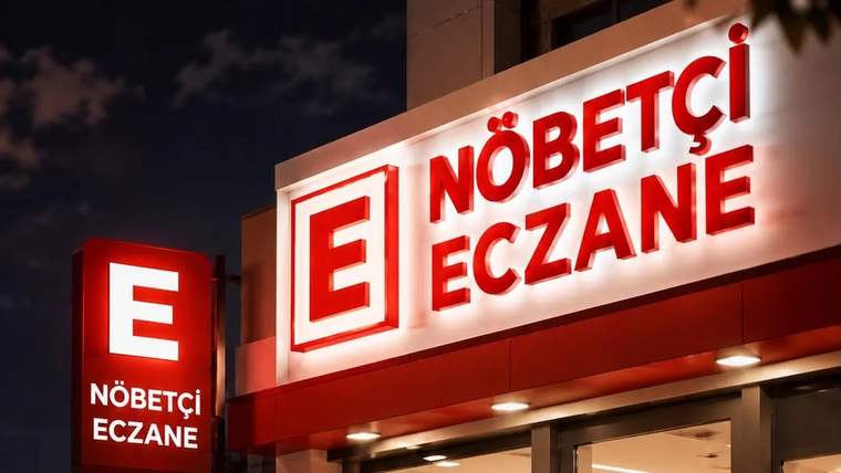 Kırmızı ışıklarla aydınlatılmış bir nöbetçi eczane tabelası, üzerinde "Nöbetçi Eczane" yazıyor.