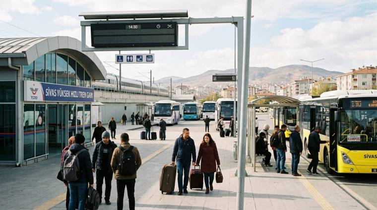 Sivas Şehirlerarası Otobüs Terminali'nde valiz taşıyan yolcular ve peronlarda bekleyen otobüsler görülüyor.