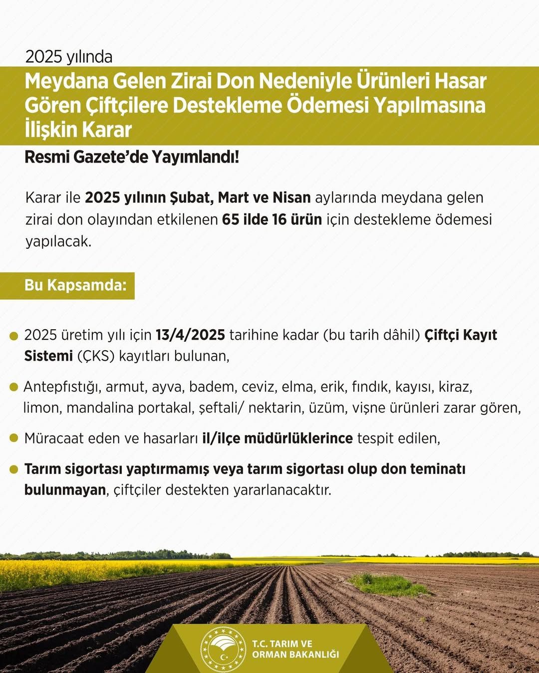 Sivas'ta Zirai Don Etkilenen Çiftçilere Destek Ödemesi Başladı