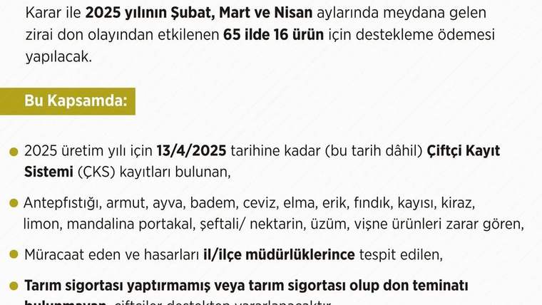 Zirai don nedeniyle etkilenen ürünlerin listesi ve destek ödemesi bilgileri yer alıyor.