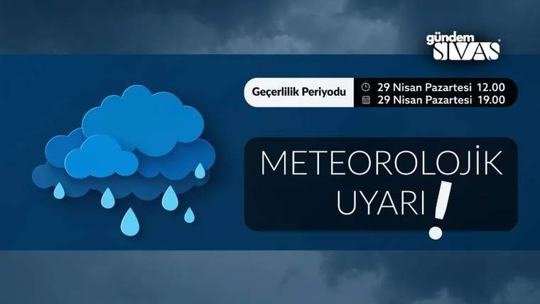 Yağmur damlaları taşıyan mavi bulut illüstrasyonu yanında “Meteorolojik Uyarı” ve geçerlilik tarihleri yazıyor.