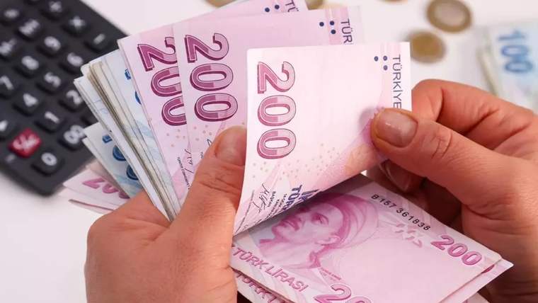 Bir kişinin elleri, 200 TL yazılı Türk lirası banknotlarını sayarken yanında hesap makinesi ve madeni paralar bulunuyor.