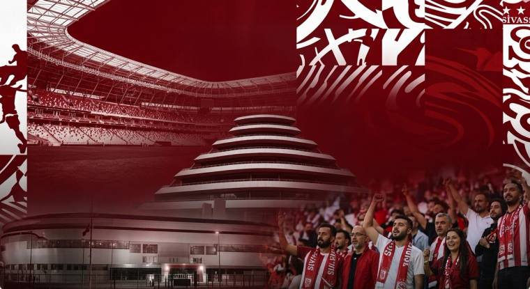 Kırmızı tonlardaki kolajda stadyum, yuvarlak bir bina ve atkılı Sivasspor taraftarları birlikte görülüyor.