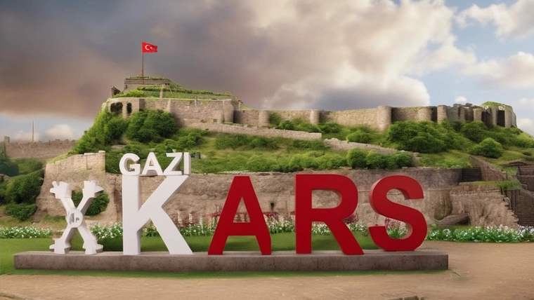 Üzerinde Türk bayrağı bulunan taş kale önünde, büyük “GAZİ KARS” harfleri ve beyaz figürler yer alıyor.