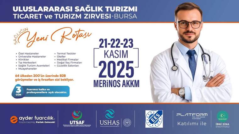 Mavi arka planda, "Uluslararası Sağlık Turizmi Zirvesi" yazısı ve tarih bilgisi yer alıyor.