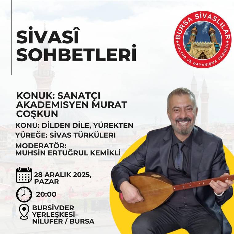 Bir adam, elinde bağlama tutarak bir etkinlik afişinde yer alıyor. Afişte etkinlik bilgileri yazılı.