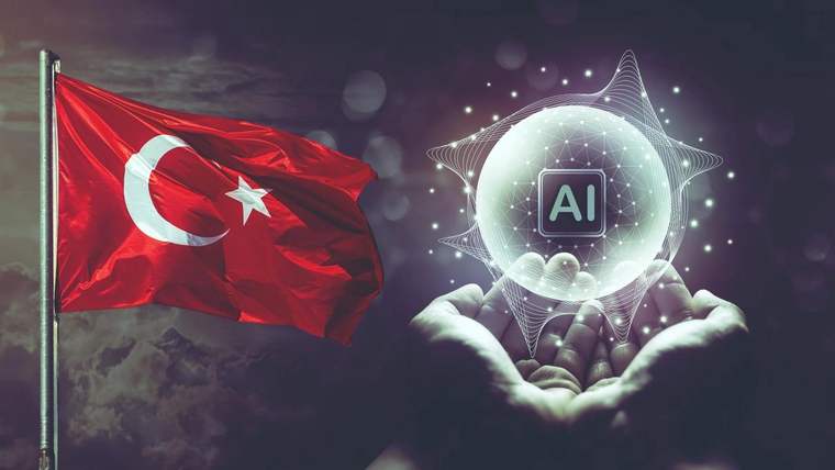 Türk bayrağı yanında, ellerin taşıdığı ışıklı kürenin içinde “AI” yazısı görülüyor.