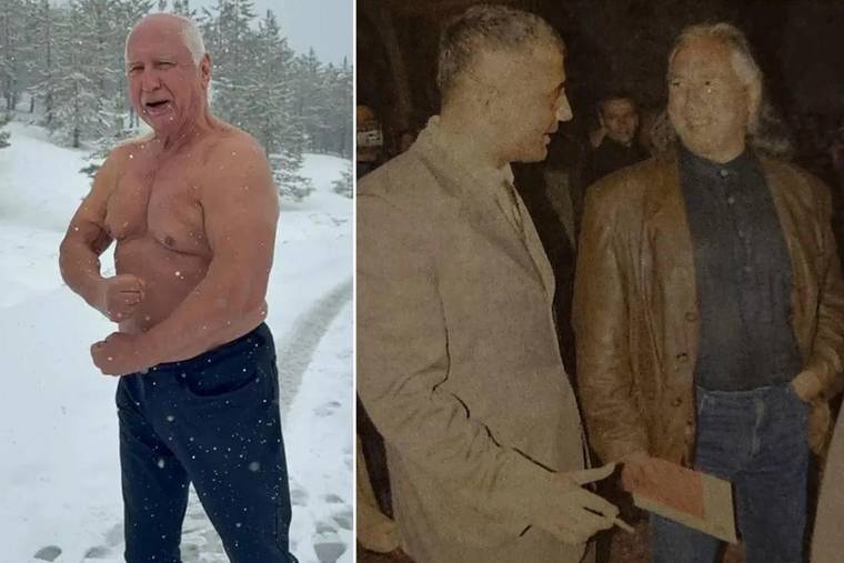 Yan yana iki karede, karlı alanda gömleksiz bir adam ile içeride konuşan iki adam görülüyor.