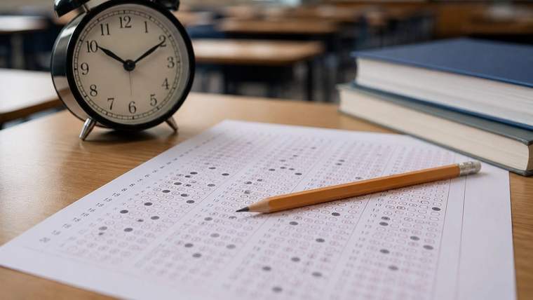 Sınıf sıraları önünde analog saat, kurşun kalem, işaretlenmiş optik form ve üst üste kitaplar bulunuyor.
