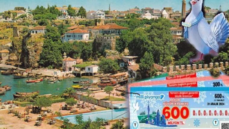 Antalya'nın tarihi limanı ve Milli Piyango bileti, arka planda beyaz bir güvercinle birlikte görünüyor.