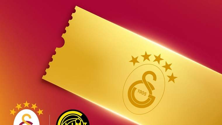 Kırmızı zemin üzerinde Galatasaray armalı altın renkli bilet ve altta iki futbol takımı logosu görülüyor.