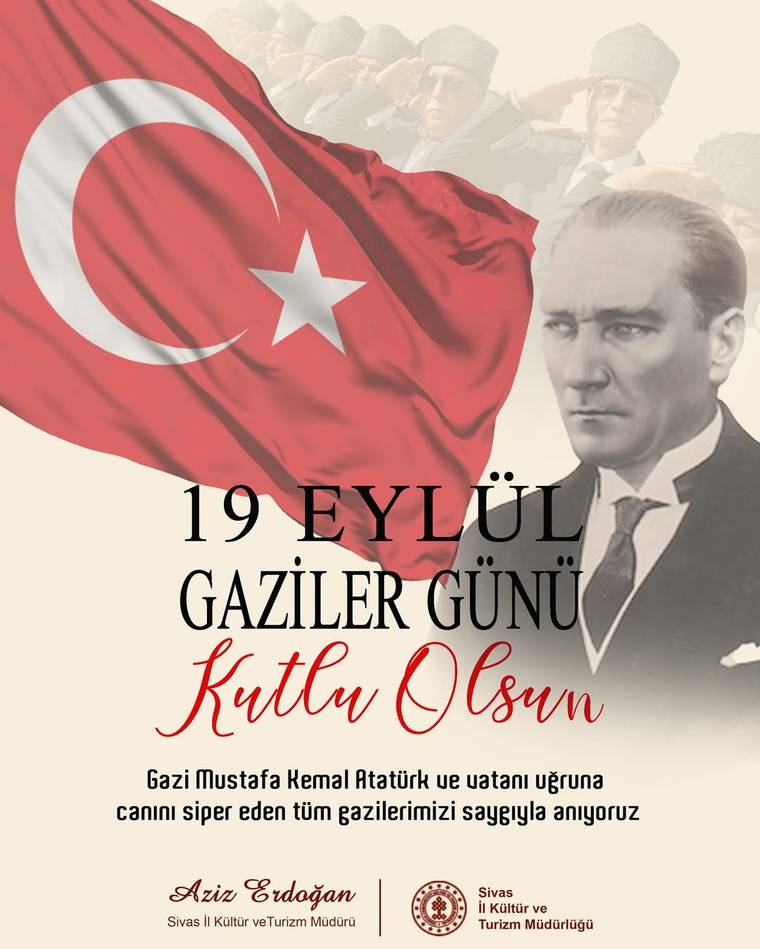 Türk bayrağı, asker siluetleri ve takım elbiseli bir erkek portresi bulunan Gaziler Günü afişi.