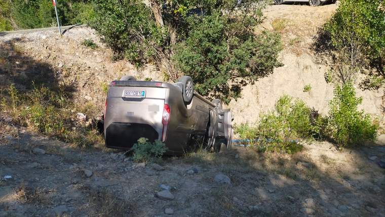 Yolda ters dönmüş bir minibüs, etrafında yeşil bitki örtüsüyle birlikte bir şarampolde duruyor.