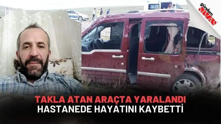 Yan yana yerleştirilen sakallı bir erkek portresi ve kapısı açık, hasarlı kırmızı bir minibüs görülüyor.