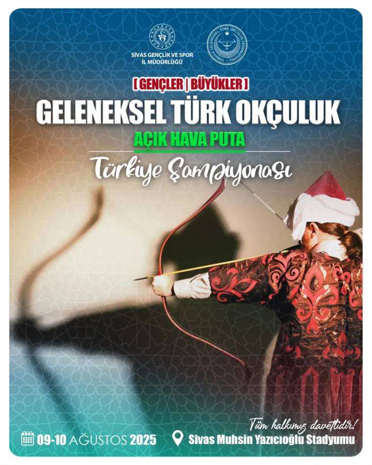 Geleneksel kıyafetli, Noel şapkalı bir okçu yayını gererken etkinlik bilgileri afişte yer alıyor.