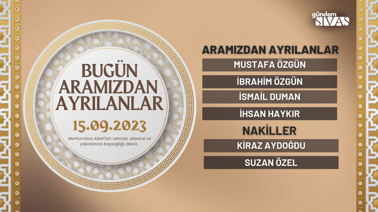15 Eylül 2023 tarihli vefat edenler listesi, arka planda süslü bir çerçeve içinde yer alıyor.