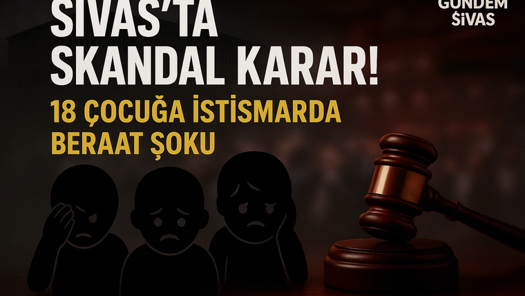 Koyu arka planlı illüstrasyonda üç çocuk silüeti, yanında ahşap bir mahkeme tokmağı ve haber metinleri bulunuyor.