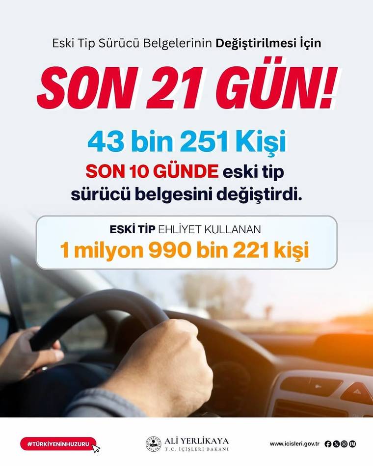 Direksiyon başındaki sürücünün elleri ve eski tip ehliyet değişimini anlatan, sayılar içeren bilgilendirme grafiği.