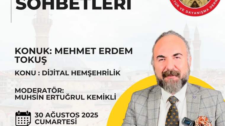 Bir adam, arka planda tarihi bir bina ile birlikte, etkinlik afişinde yer alıyor.