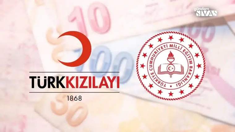 Türk Kızılayı ve Türkiye Cumhuriyeti Millî Eğitim Bakanlığı logoları, arka planda banknotlar yer alıyor.