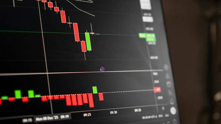 Bir borsa grafik ekranında yeşil ve kırmızı çubuklarla fiyat hareketleri gösteriliyor.