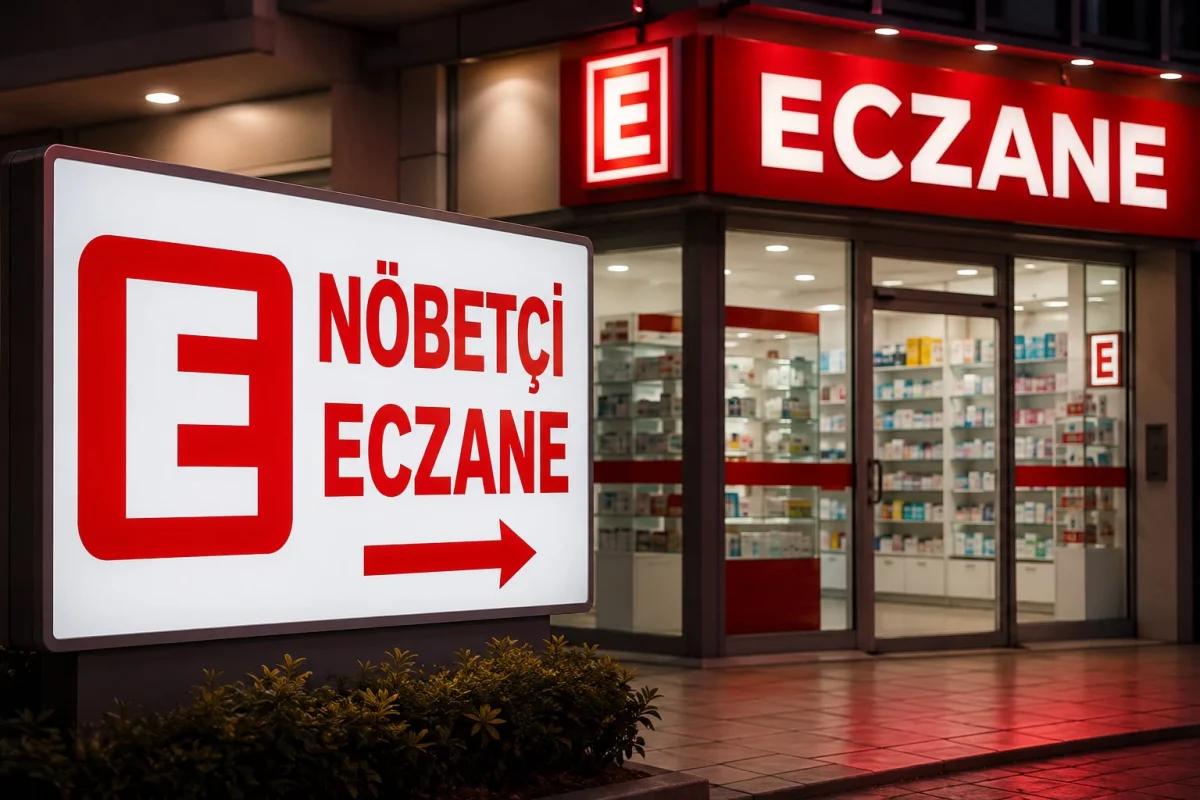 Nöbetçi eczane tabelası ve eczane vitrininde ilaçlar görünmekte.