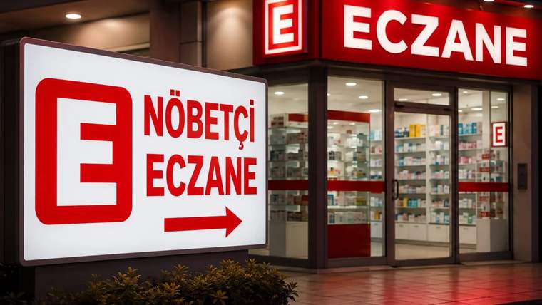 Nöbetçi eczane tabelası ve eczane vitrininde ilaçlar görünmekte.