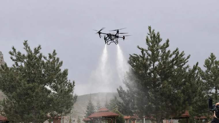 Ağaçların arasında uçan bir drone, ilaçlama yapıyor.