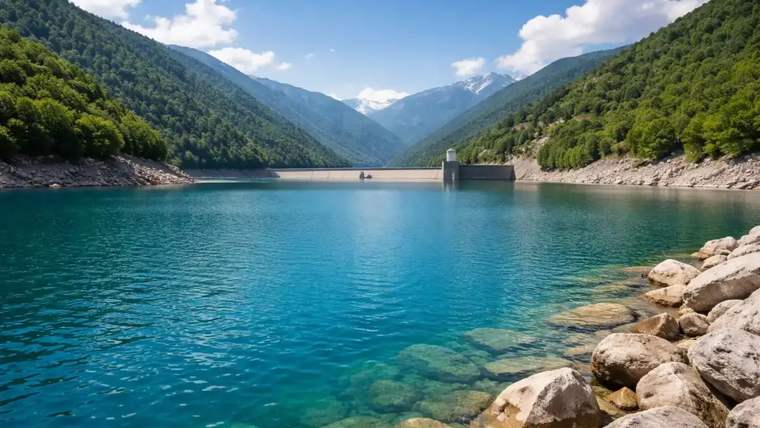 Bursa'daki bir baraj gölü, etrafında yeşil dağlar ve mavi gökyüzü ile görünmekte.