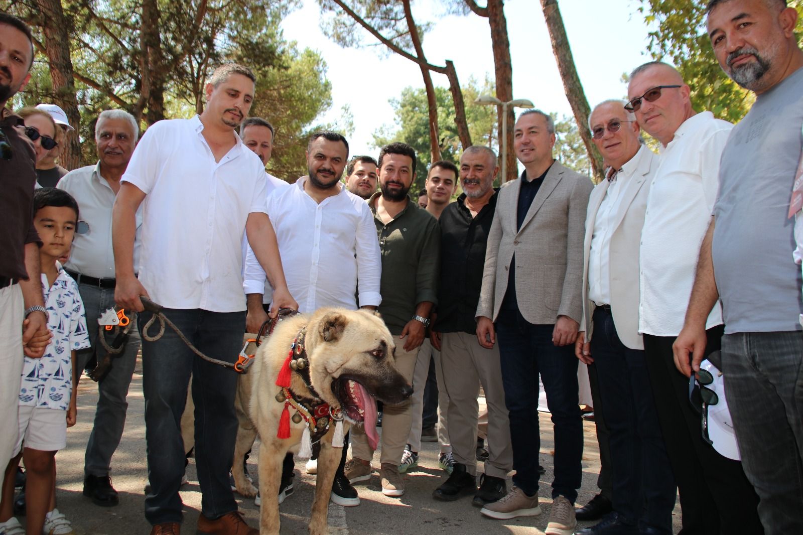 Ağaçların arasında bir araya gelen kalabalık grup, tasmalı büyük bir köpekle birlikte poz veriyor.