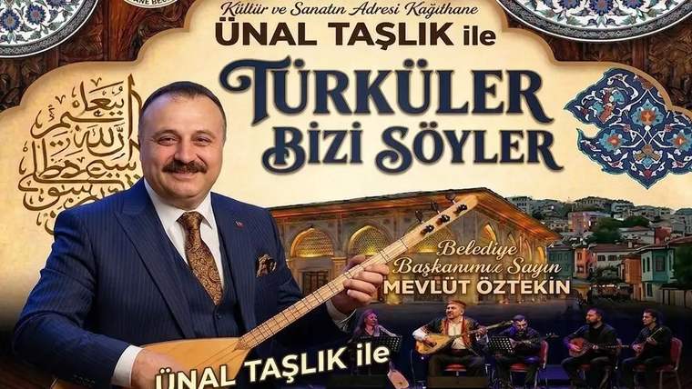 Ünal Taşlık'ın sahne aldığı bir etkinlik afişi, arka planda Kağıthane manzarası ve Türk motifleri var.