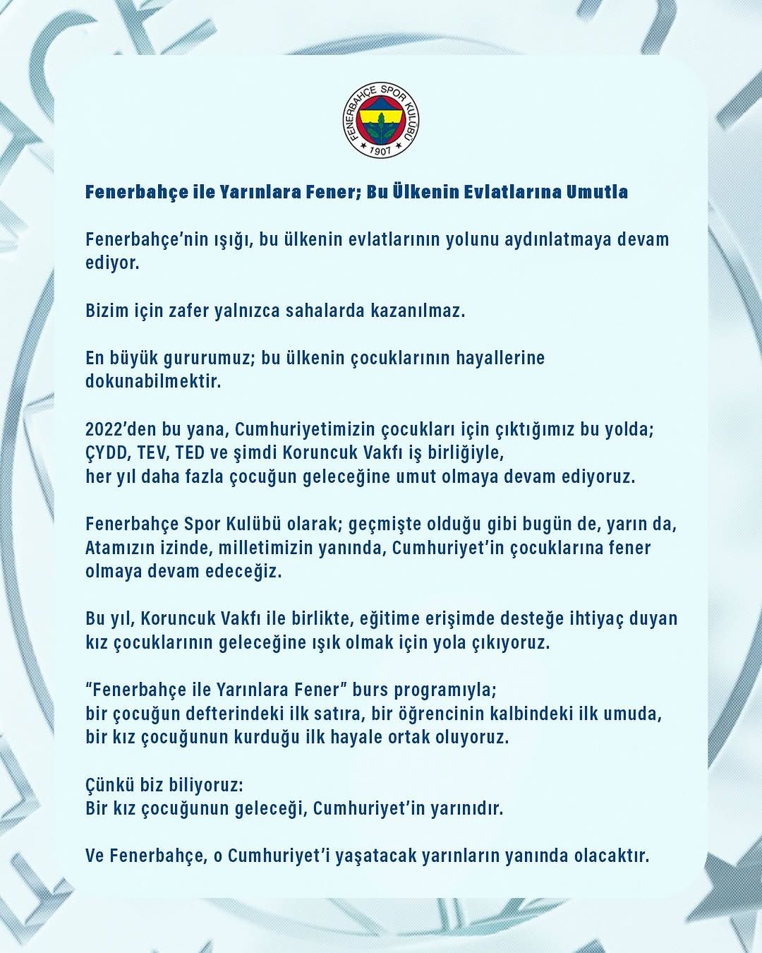 Fenerbahçe, Koruncuk Vakfı İş Birliğiyle Kız Çocuklarının Eğitimine Destek Oluyor