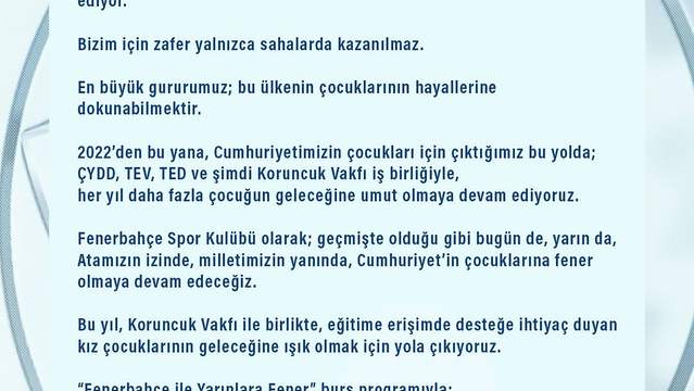Fenerbahçe, Koruncuk Vakfı İş Birliğiyle Kız Çocuklarının Eğitimine Destek Oluyor