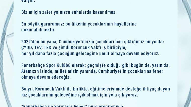 Fenerbahçe, Koruncuk Vakfı İş Birliğiyle Kız Çocuklarının Eğitimine Destek Oluyor
