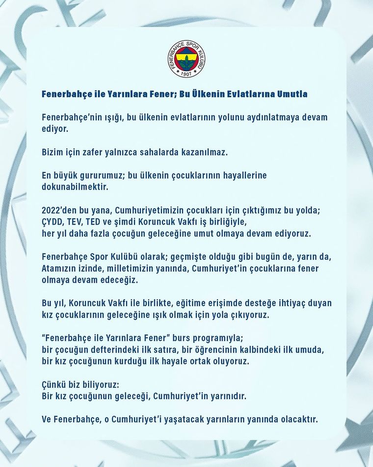 Fenerbahçe, Koruncuk Vakfı İş Birliğiyle Kız Çocuklarının Eğitimine Destek Oluyor