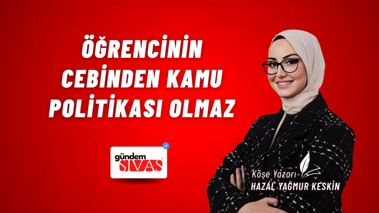 Kırmızı zemin üzerinde yazılar, Gündem Sivas logosu ve kollarını bağlamış başörtülü bir kadın yer alıyor.